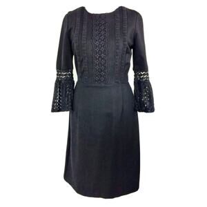 Nanette Lepore Black Crochet Detail Trumpet Sleeves Fit Flare event dress size 6